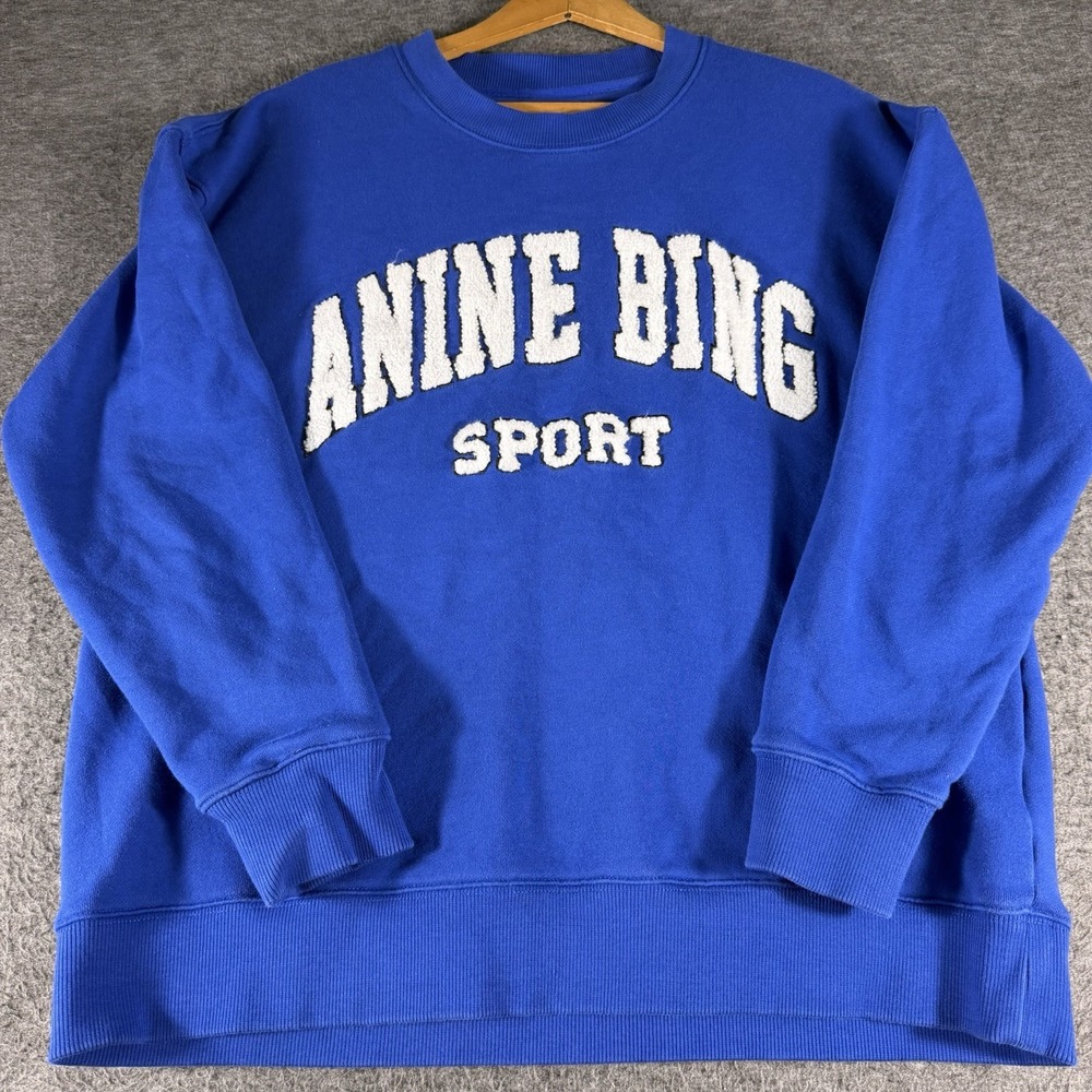 Anine Bing Sport Sweatshirt Womens M Blue Oversized Fuzzy Script Logo